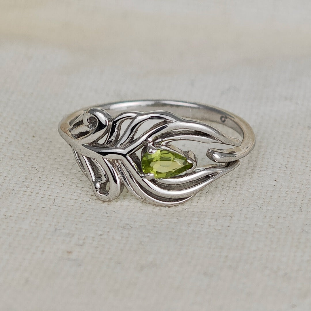 Sterling Silver Peridot Ring Size J-S Adjustable Green Peacock Feather August Birthstone