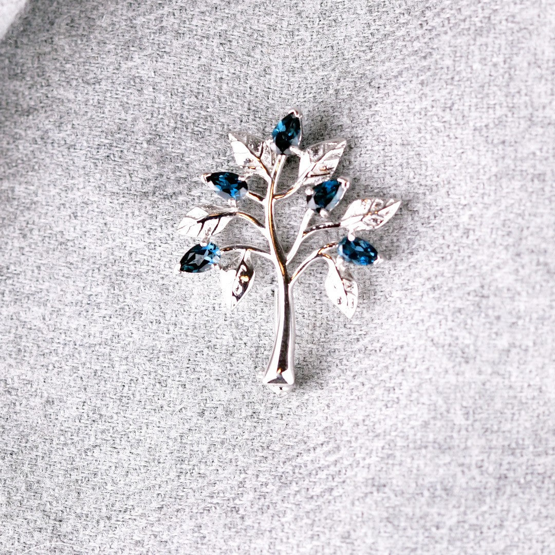 London Blue Topaz Brooch Tree of Life Sterling Silver Boxed Gift
