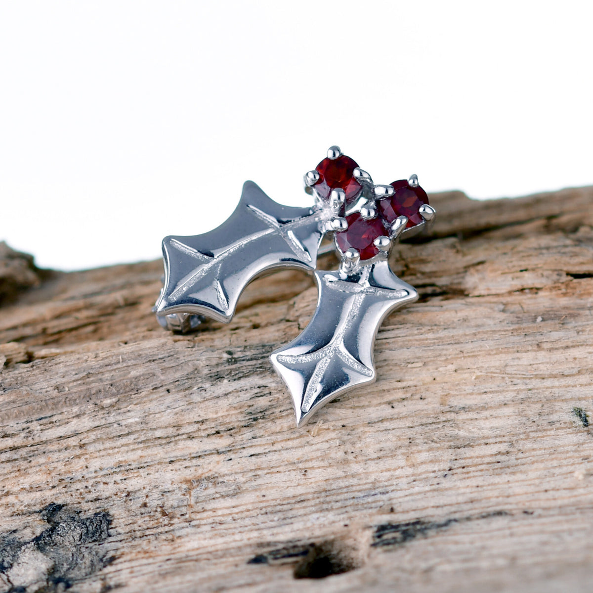 Garnet Holly Brooch in Sterling Silver