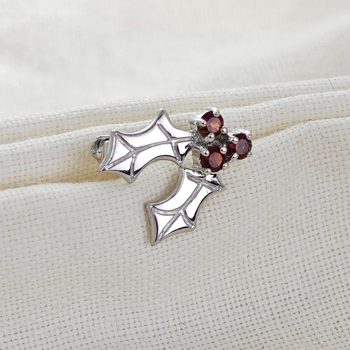 Garnet Holly Brooch in Sterling Silver