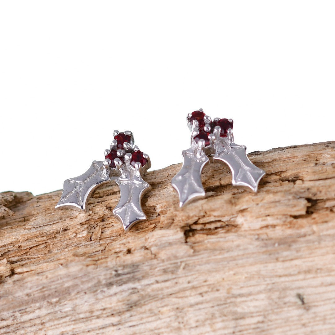 Holly Garnet Stud Earrings Sterling Silver Boxed