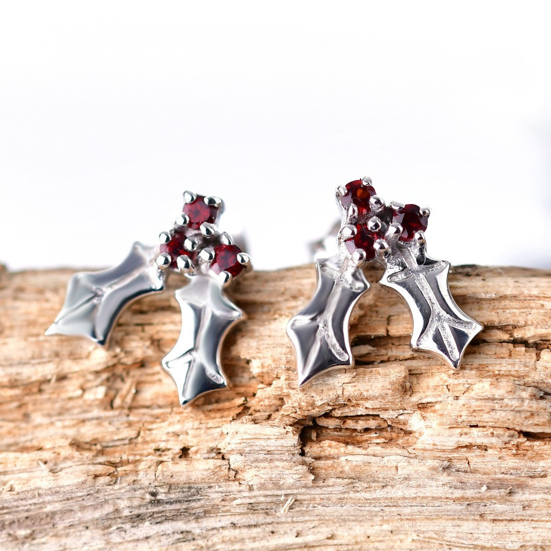 Holly Garnet Stud Earrings Sterling Silver Boxed