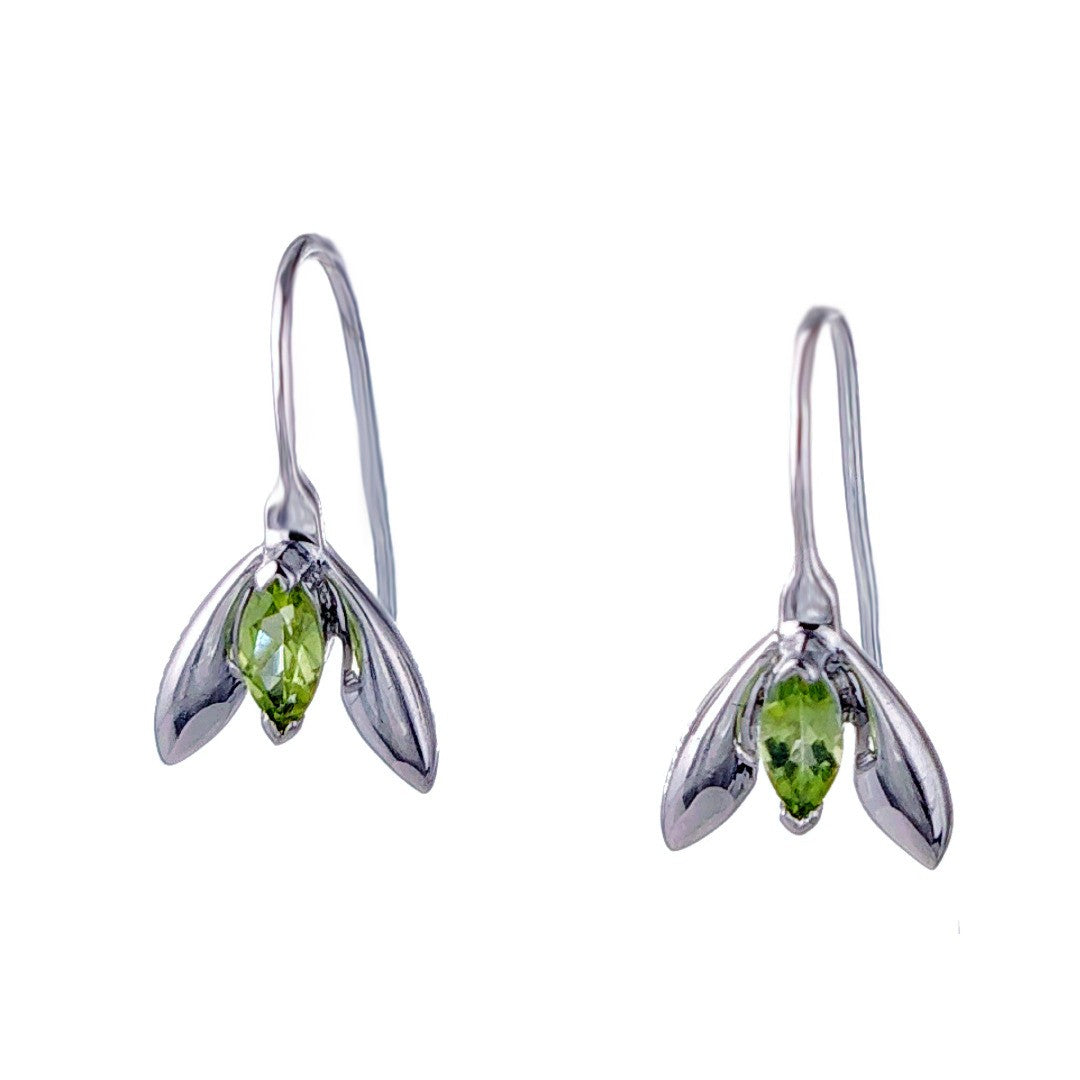 snowdrop peridot earrings sterling silver green flowers dangle designed in the UK