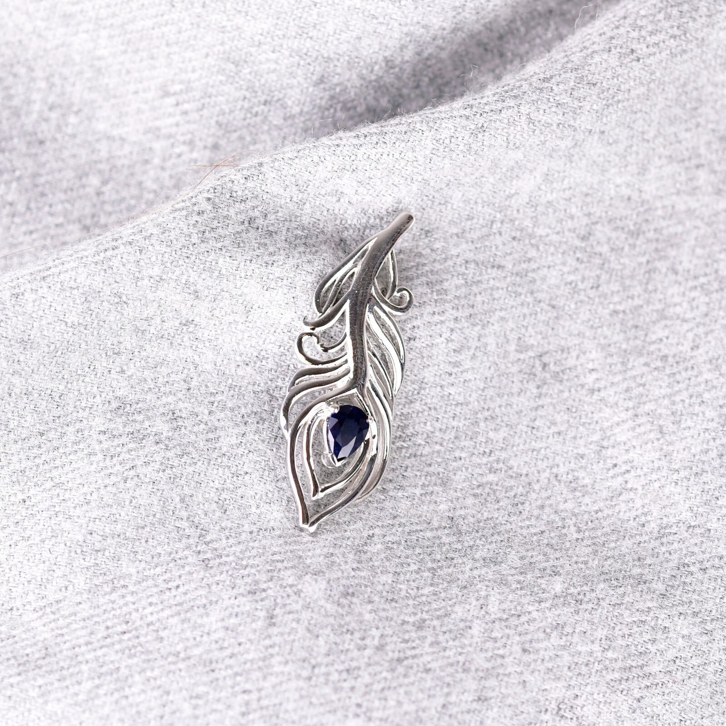 Sapphire Sterling Silver Brooch Peacock Feather Inky Blue Gift Boxed