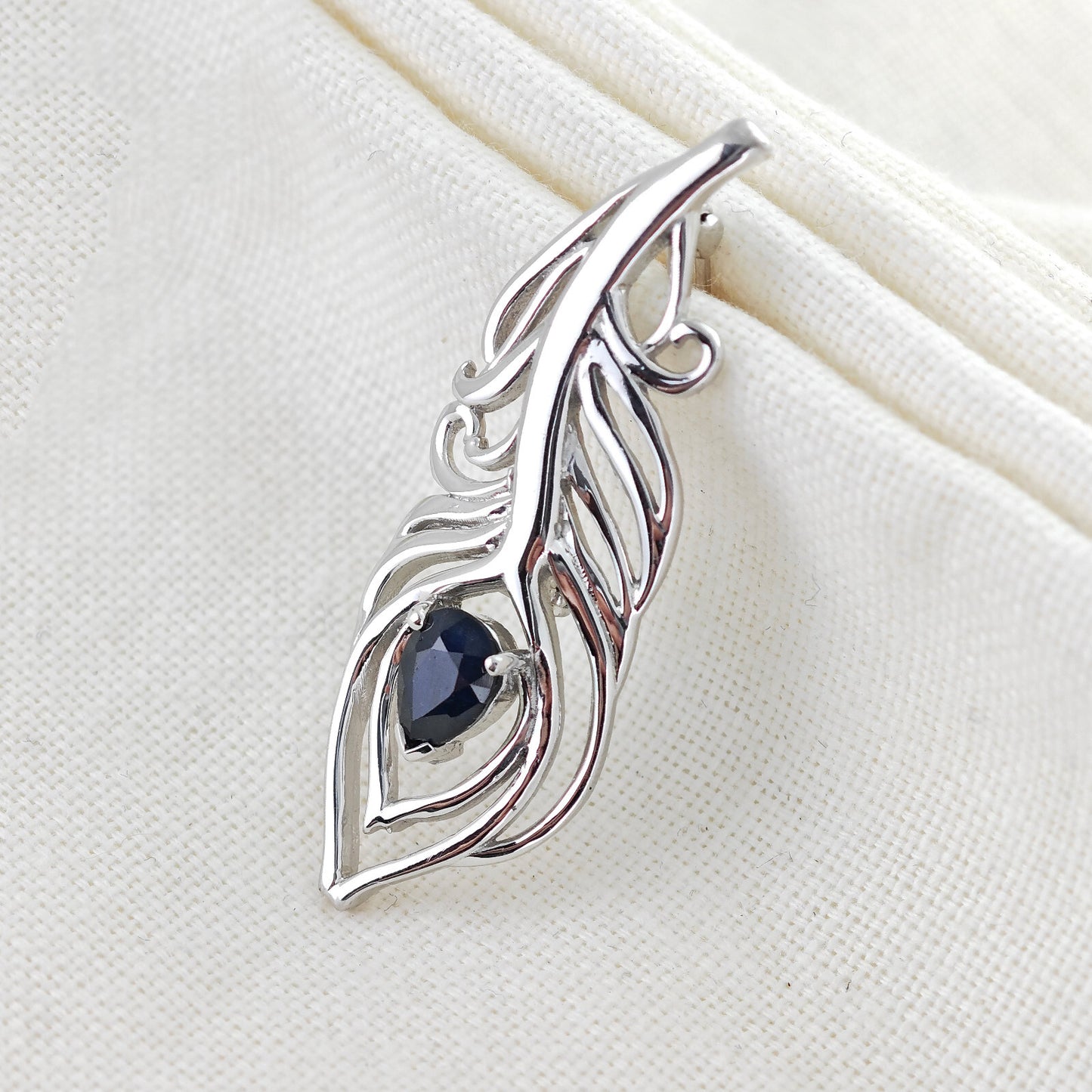 Sapphire Sterling Silver Brooch Peacock Feather Inky Blue Gift Boxed