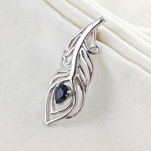 Sapphire Sterling Silver Brooch Peacock Feather Inky Blue Gift Boxed