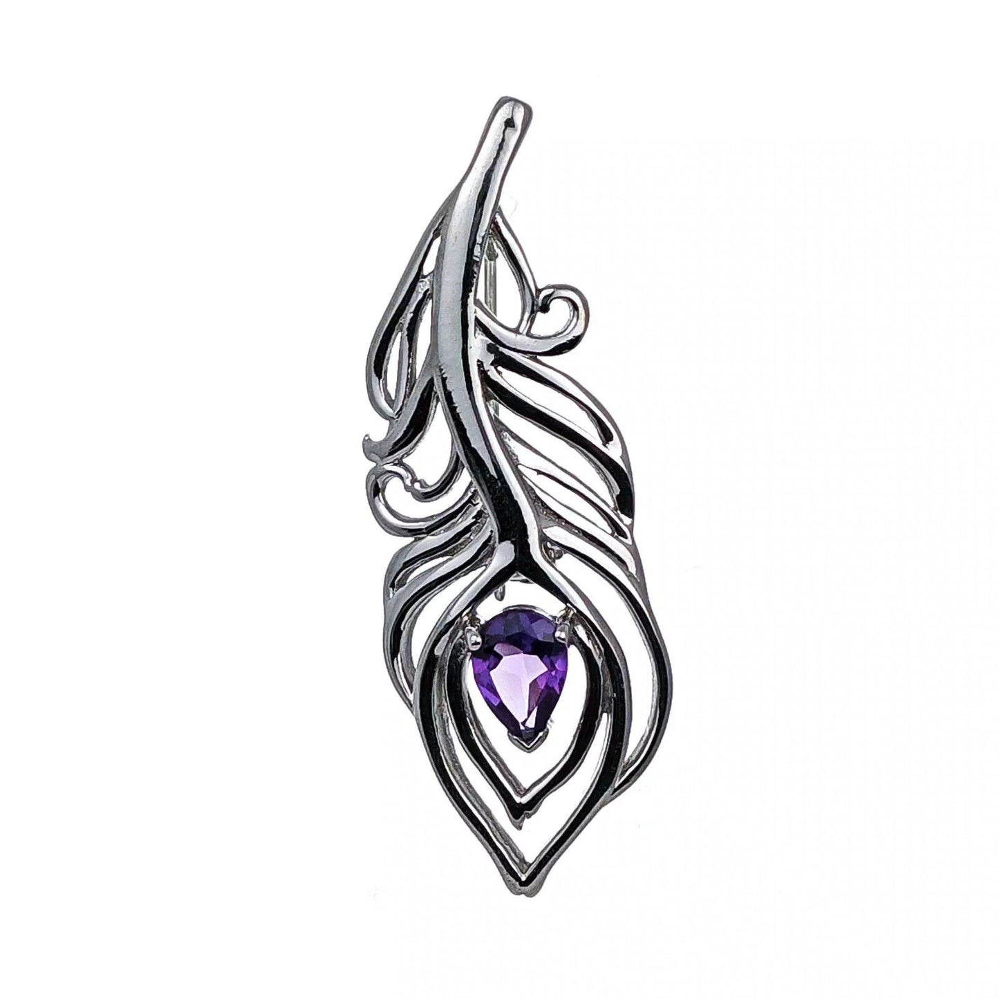 Amethyst Sterling Silver Brooch 0.61ct Peacock Feather February Birthstone