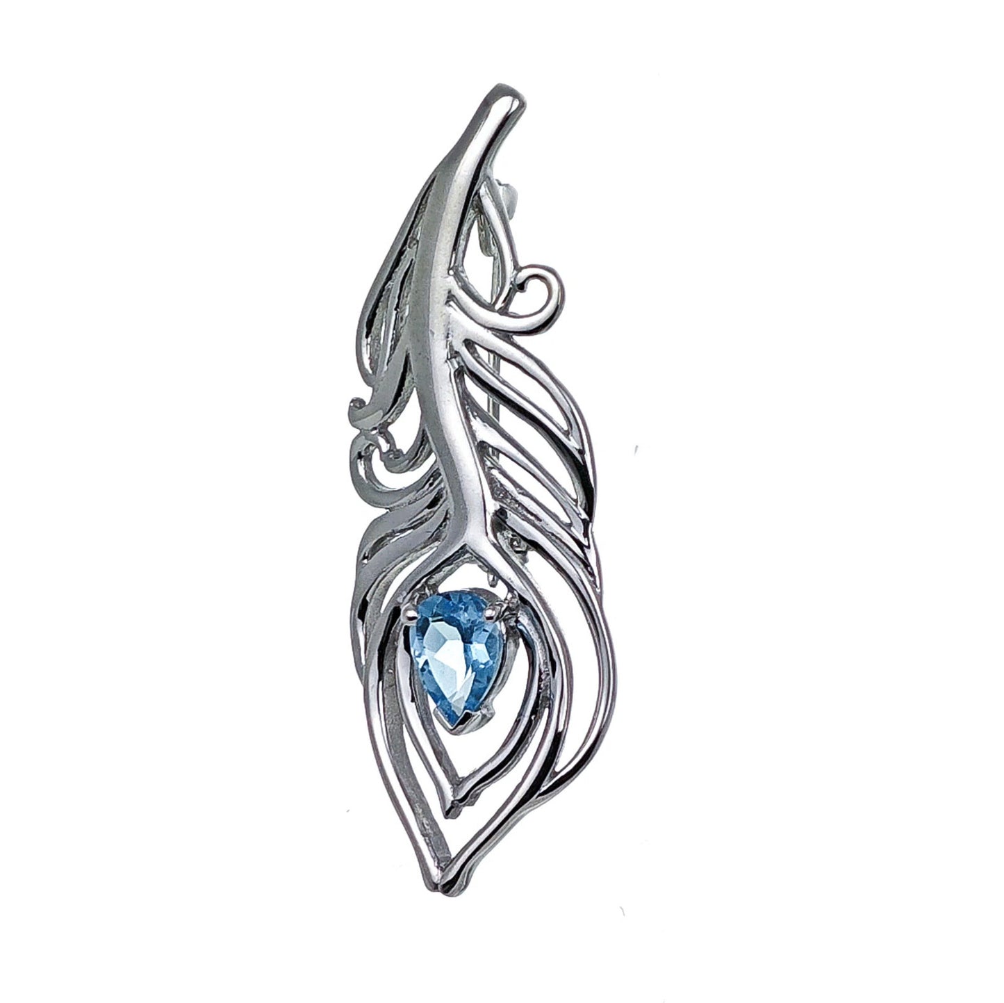 Blue Topaz Sterling Silver Brooch 0.77ct Peacock Feather December Birthstone
