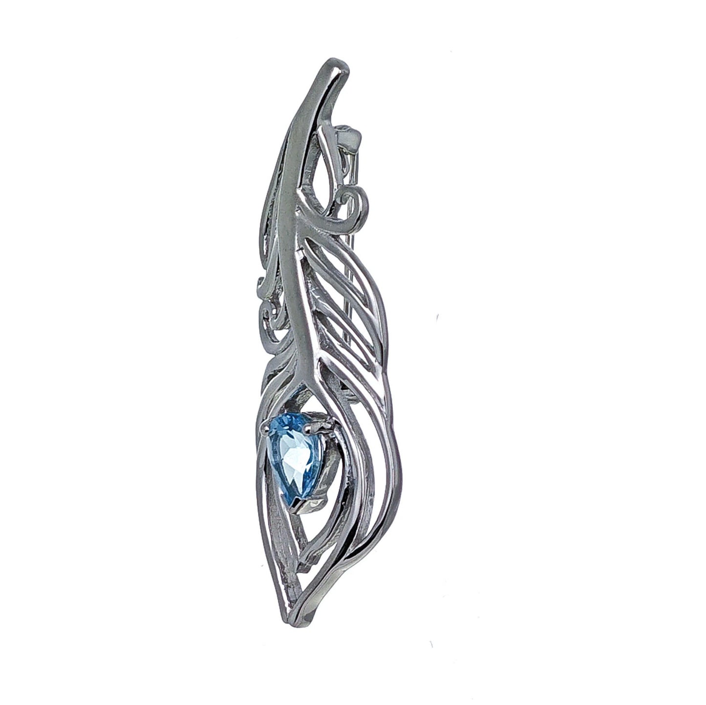 Blue Topaz Sterling Silver Brooch 0.77ct Peacock Feather December Birthstone