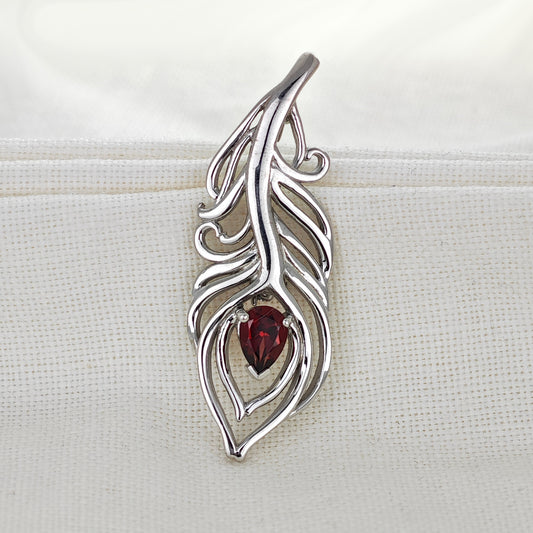 Garnet Sterling Silver Brooch Red 0.81ct Peacock Feather January Birthstone