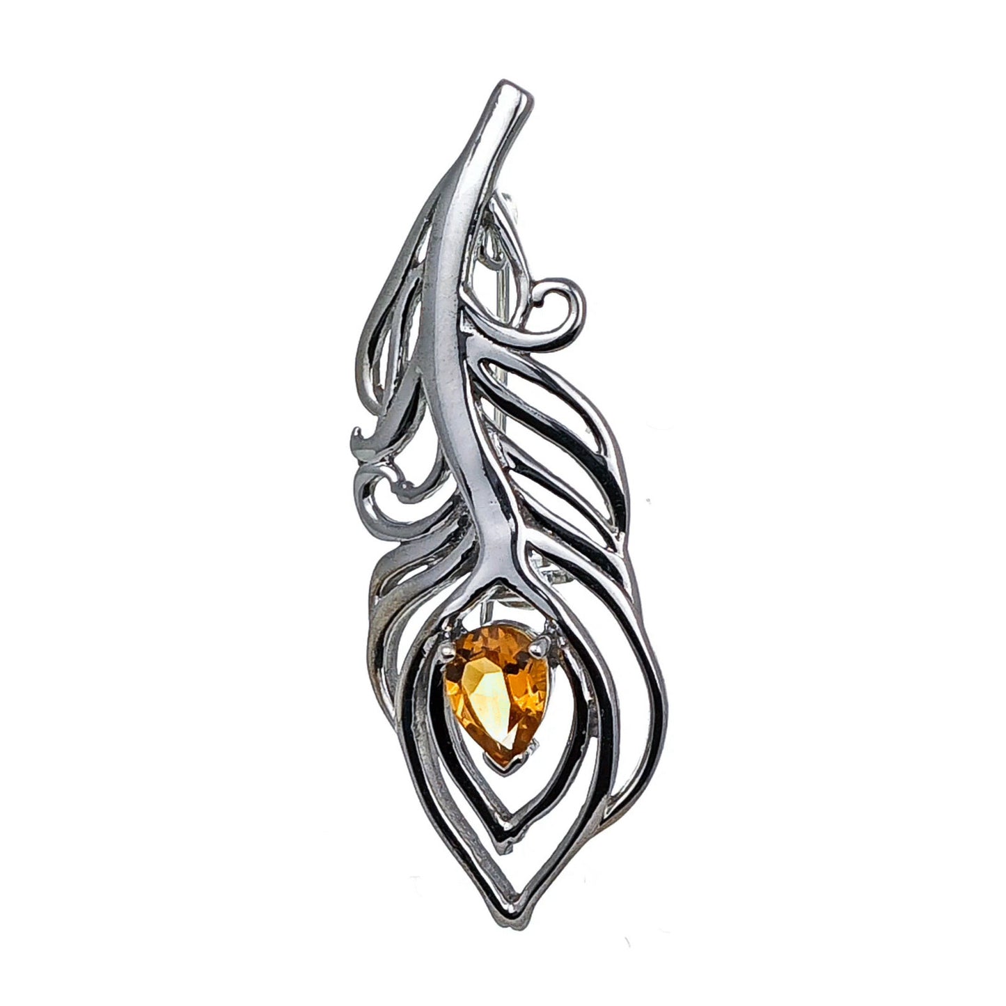 Citrine Sterling Silver Brooch 0.65ct Yellow Peacock Feather