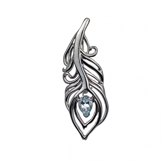 Aquamarine Sterling Silver Brooch Peacock Feather Boxed Gift
