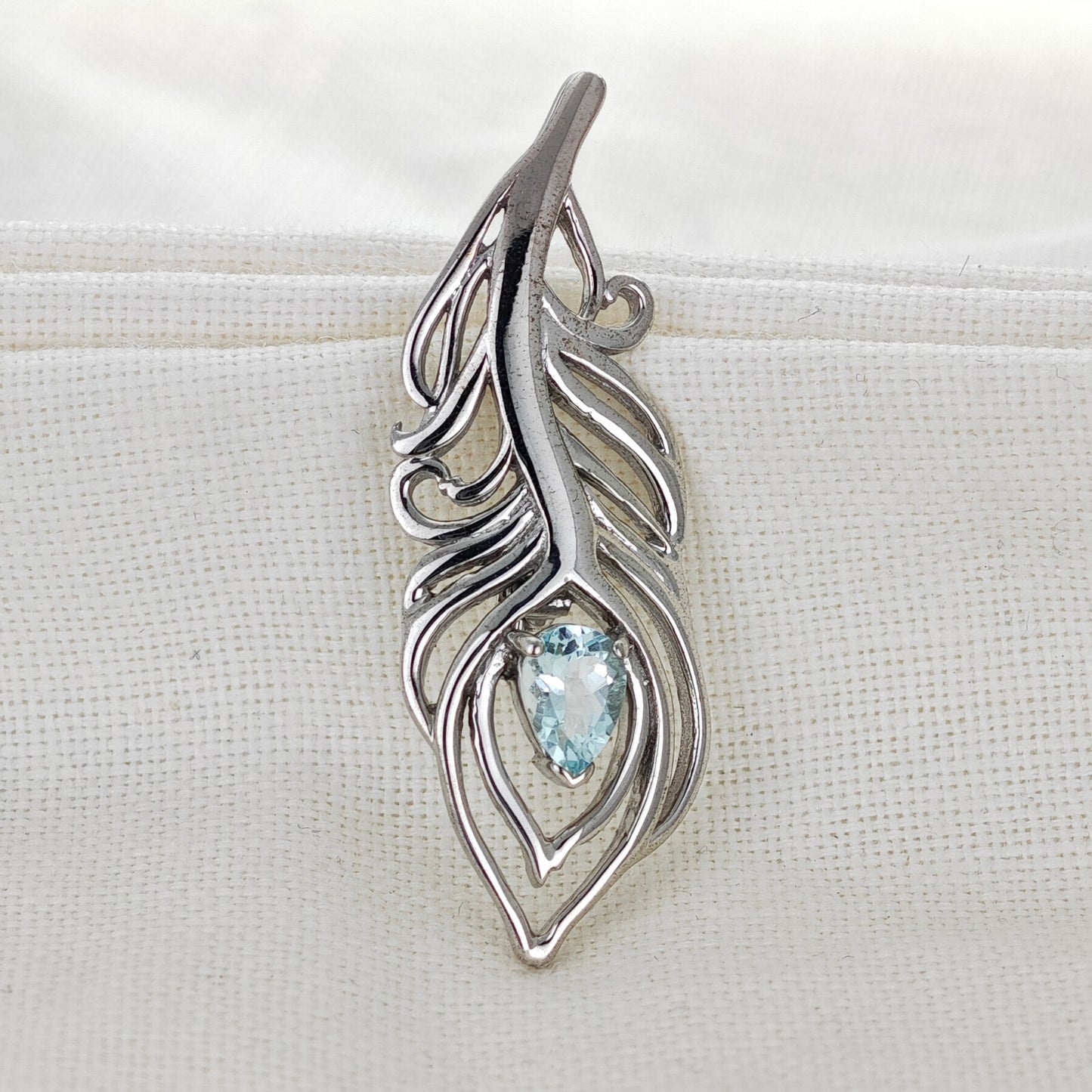 Aquamarine Sterling Silver Brooch Peacock Feather Boxed Gift