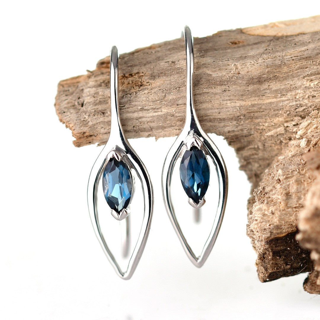 London Blue Topaz Dangle Earrings 0.4ct Sterling Silver Marquise Hook Gift Box