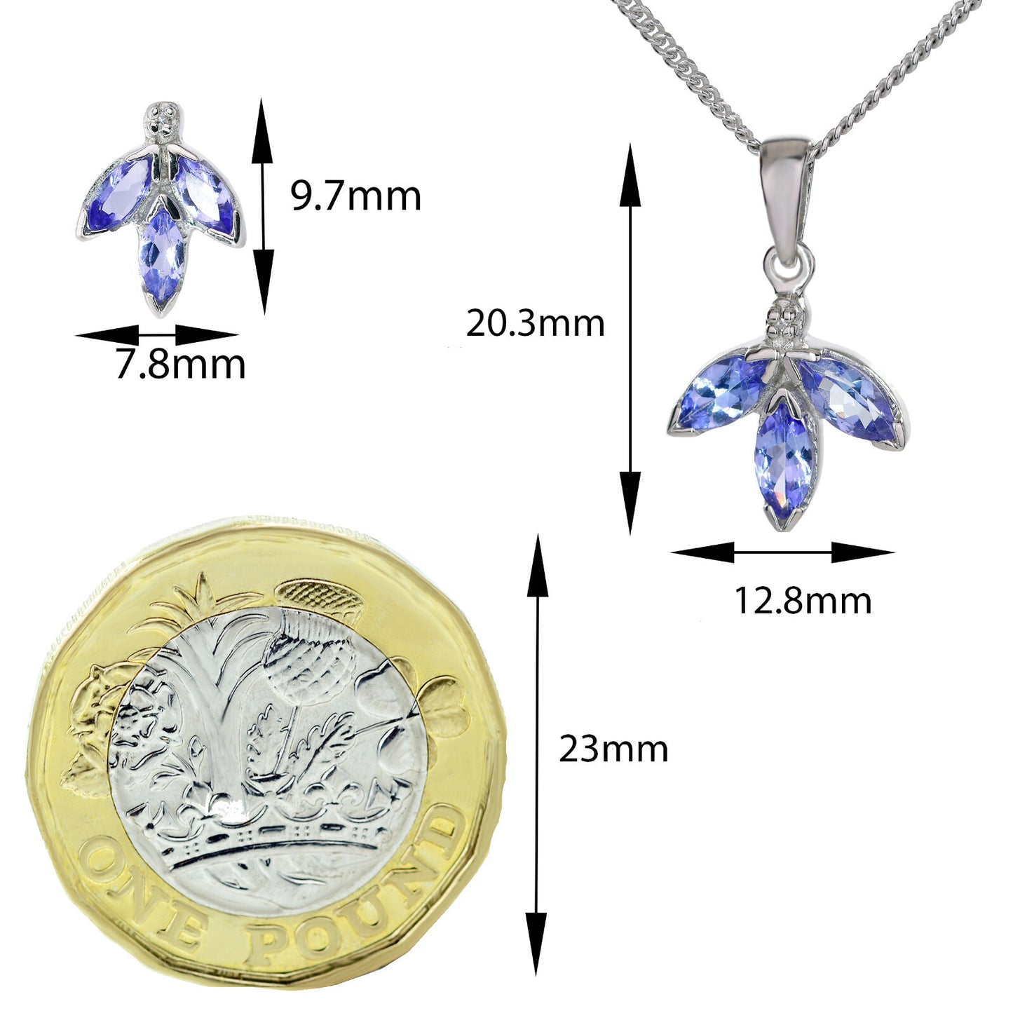 Tanzanite Necklace Earring Set Sterling Silver Stud Pendant Natural Blue