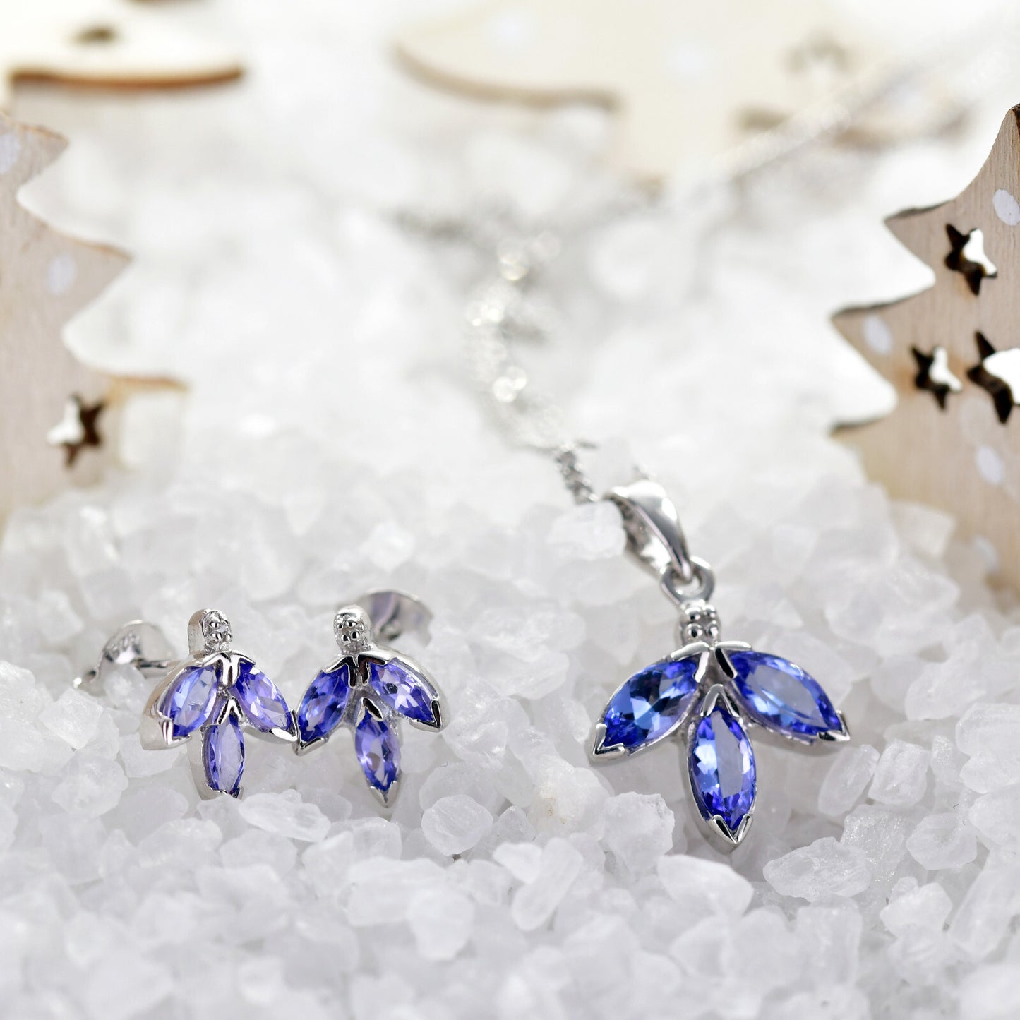 Tanzanite Necklace Earring Set Sterling Silver Stud Pendant Natural Blue
