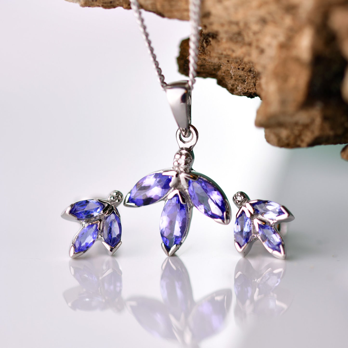Tanzanite Necklace Earring Set Sterling Silver Stud Pendant Natural Blue