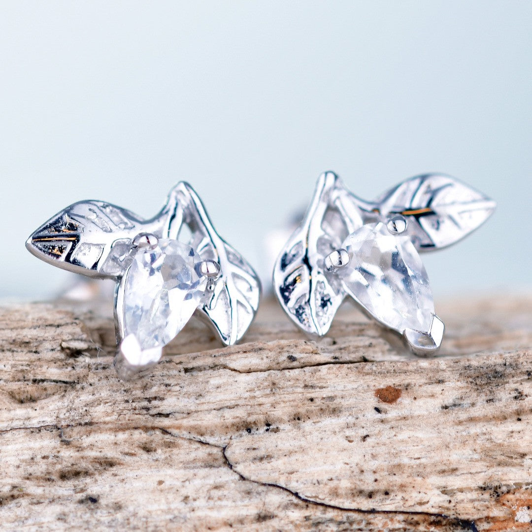 White Topaz Earrings 0.5ct Pear Leaf Studs Sterling Silver