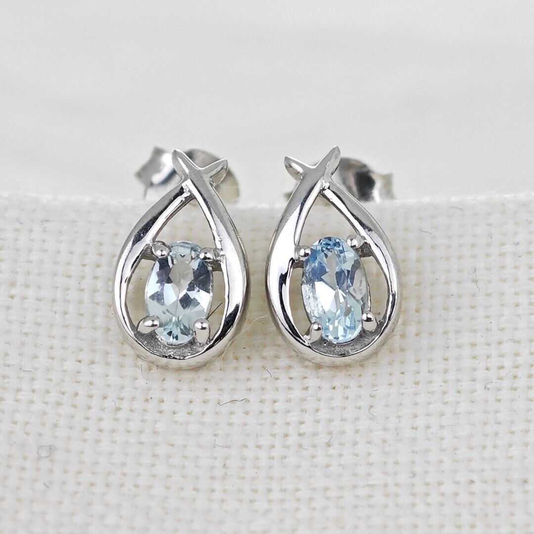 Aquamarine Earrings Pear Blue Twist Studs Sterling Silver