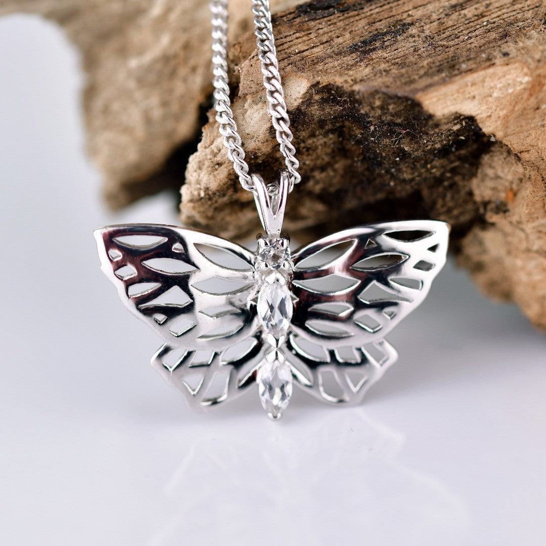 White Topaz Butterfly Necklace in Sterling Silver