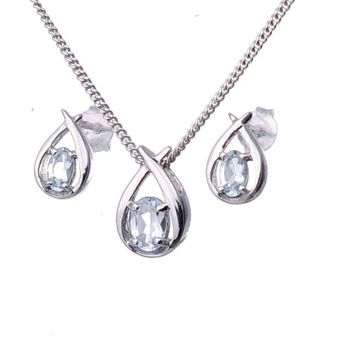 aquamarine set necklace earrings sterling silver blue twist pendant birthday gift designed in the UK