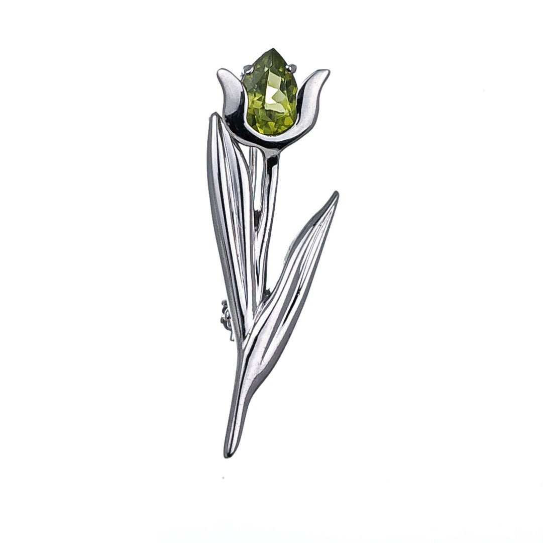 peridot brooch sterling silver tulip designed in the UK