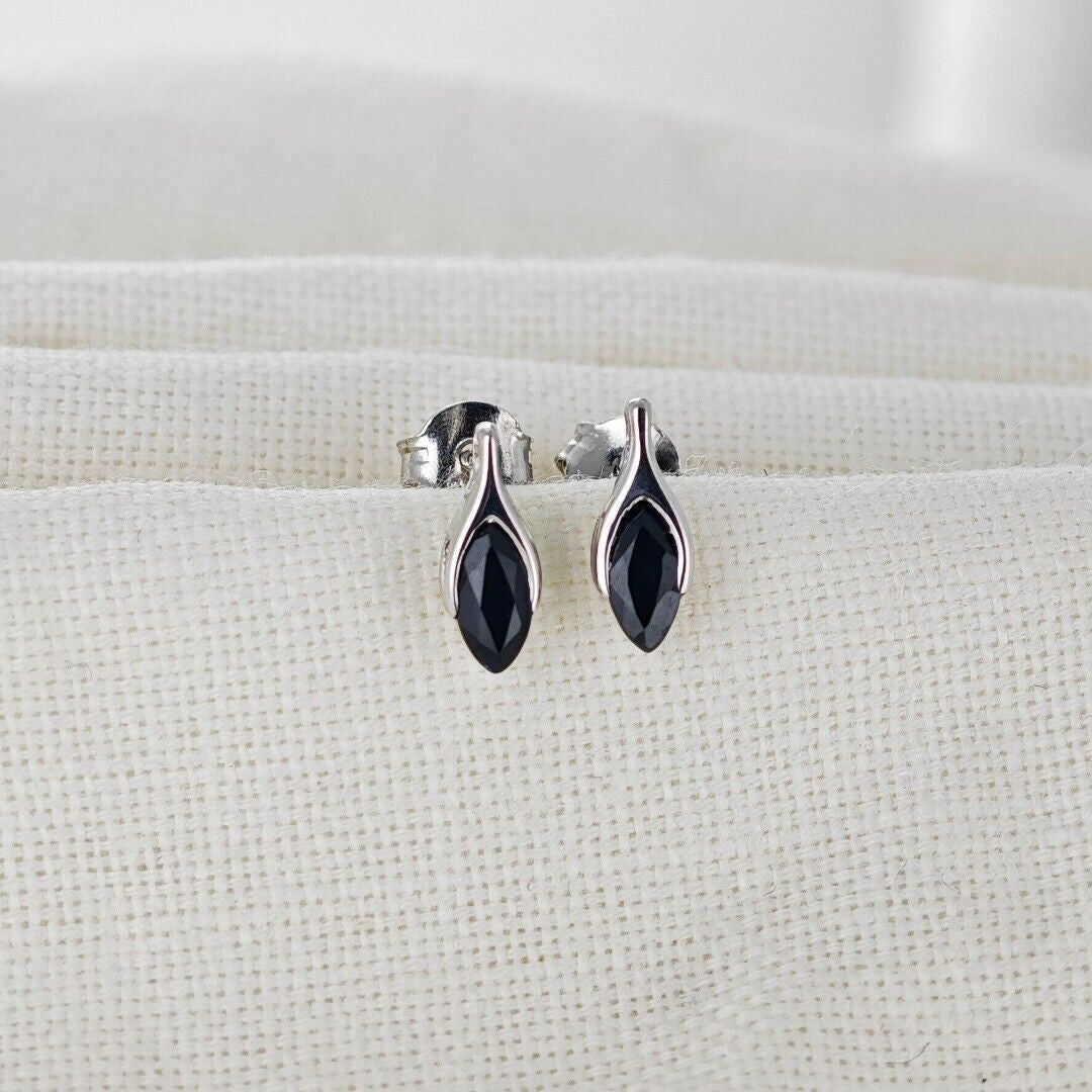 Sapphire Earrings Sterling Silver SMALL Solitaire Studs Minimalist Marquise