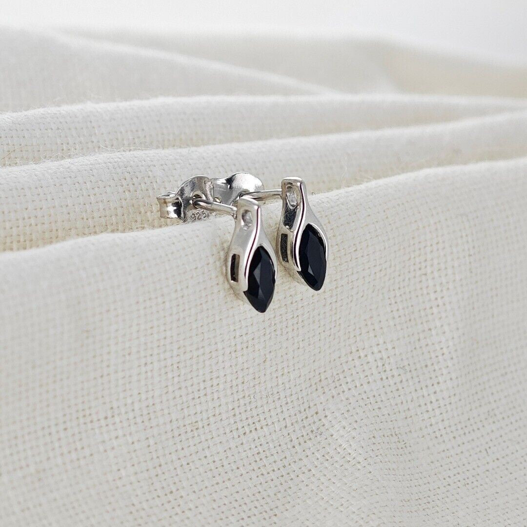 Sapphire Earrings Sterling Silver SMALL Solitaire Studs Minimalist Marquise