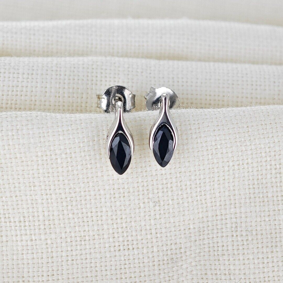 Sapphire Earrings Sterling Silver SMALL Solitaire Studs Minimalist Marquise