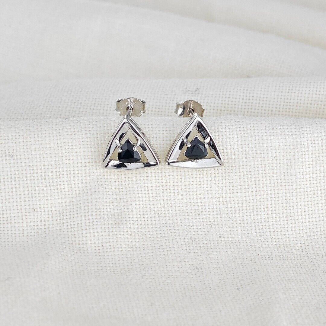 Sapphire Earrings Sterling Silver Studs Trillion Triangle Inky Blue