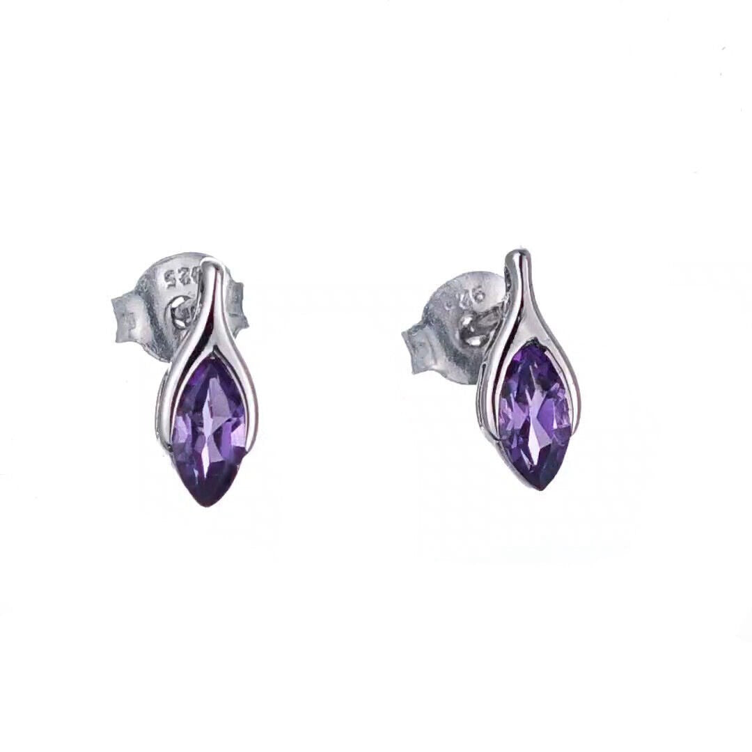 amethyst earrings sterling silver studs minimalist marquise designed in the UK