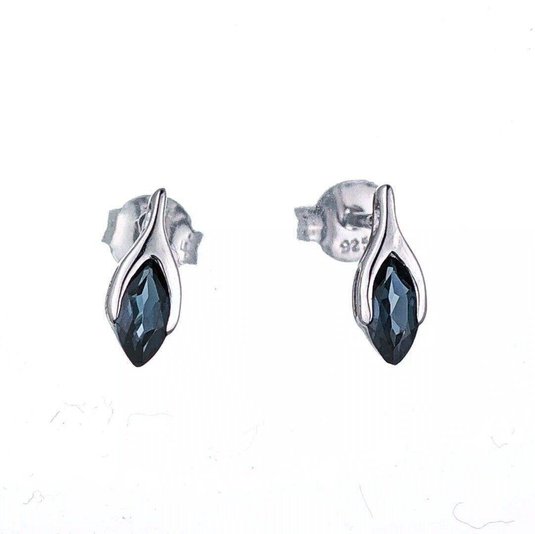 Sterling Silver Stud Earrings London Blue Topaz Minimalist Marquise Handmade UK Design