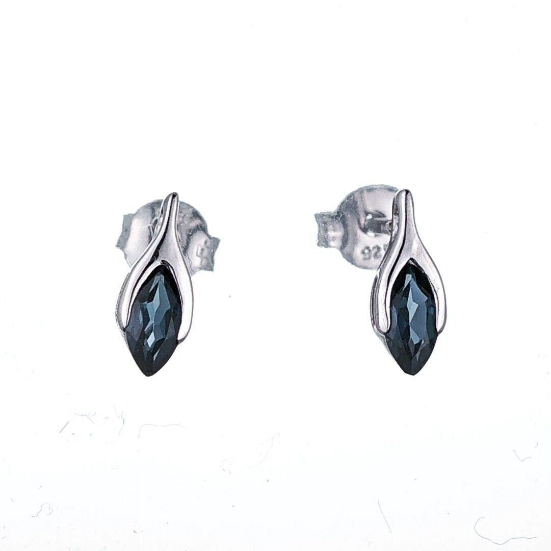 sterling silver stud earrings london blue topaz minimalist marquise handmade uk design designed in the UK