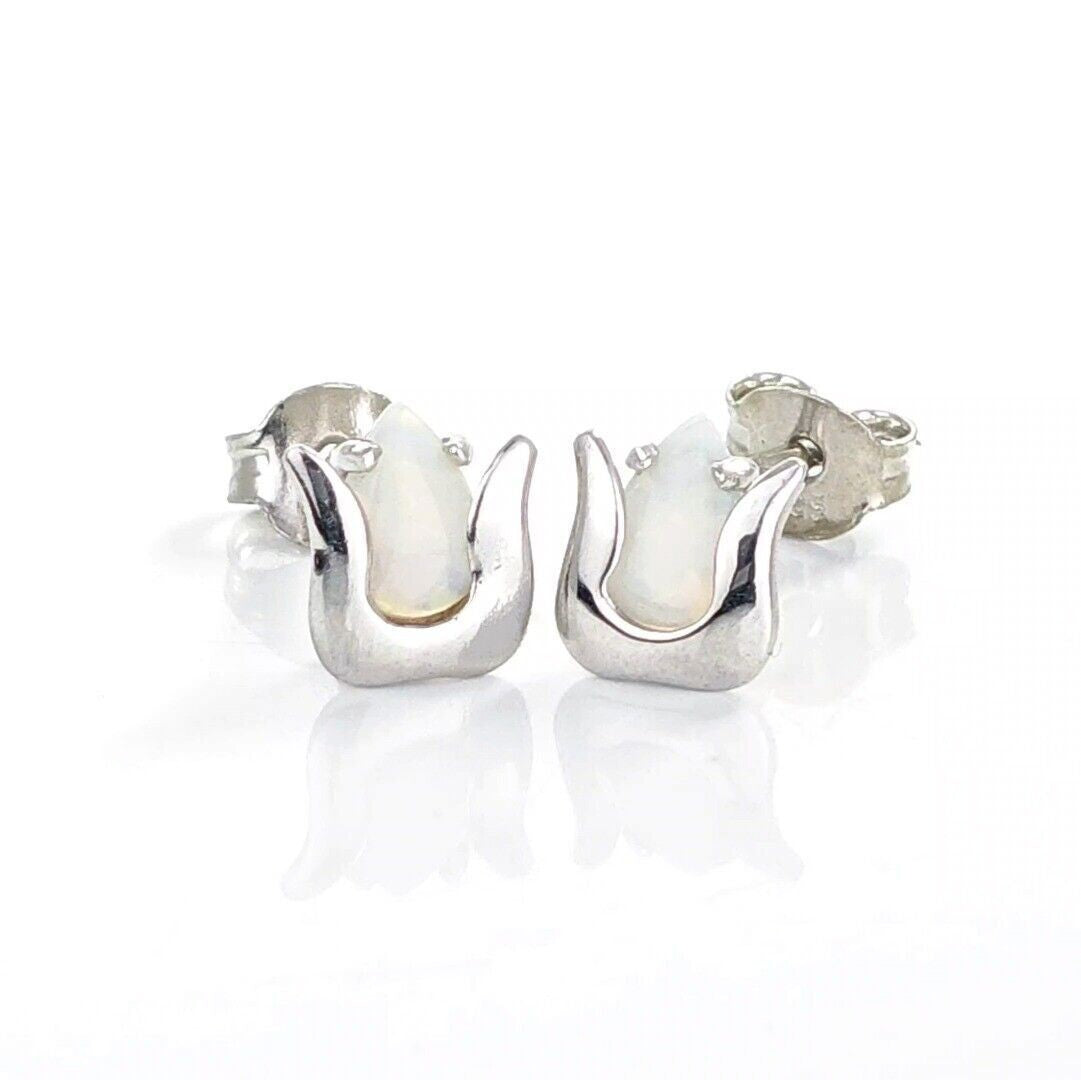 elegant sterling silver tulip flower earrings with natural white opal designed in the UK