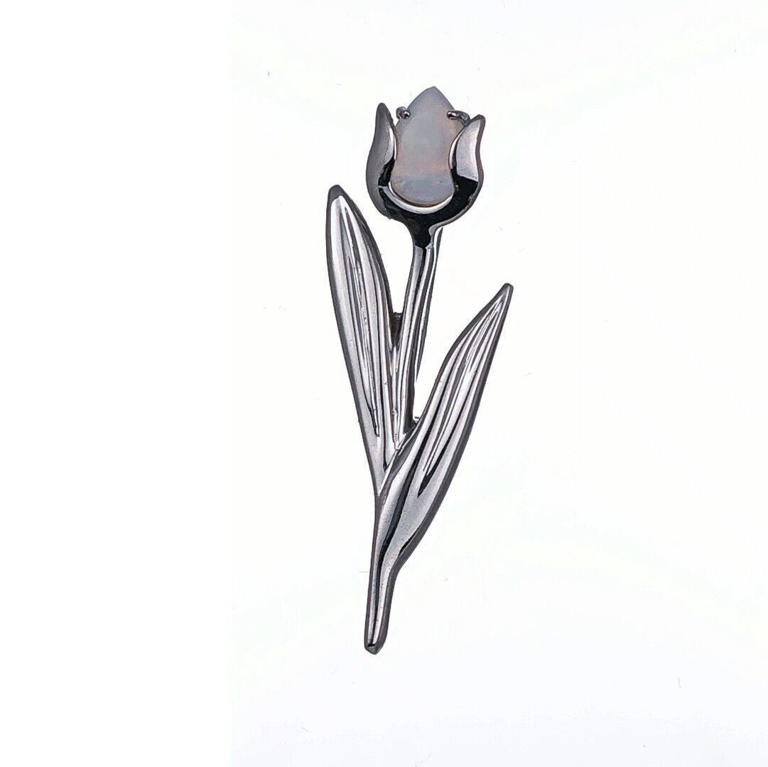 elegant tulip flower brooch with natural australian white opal designed in the UK