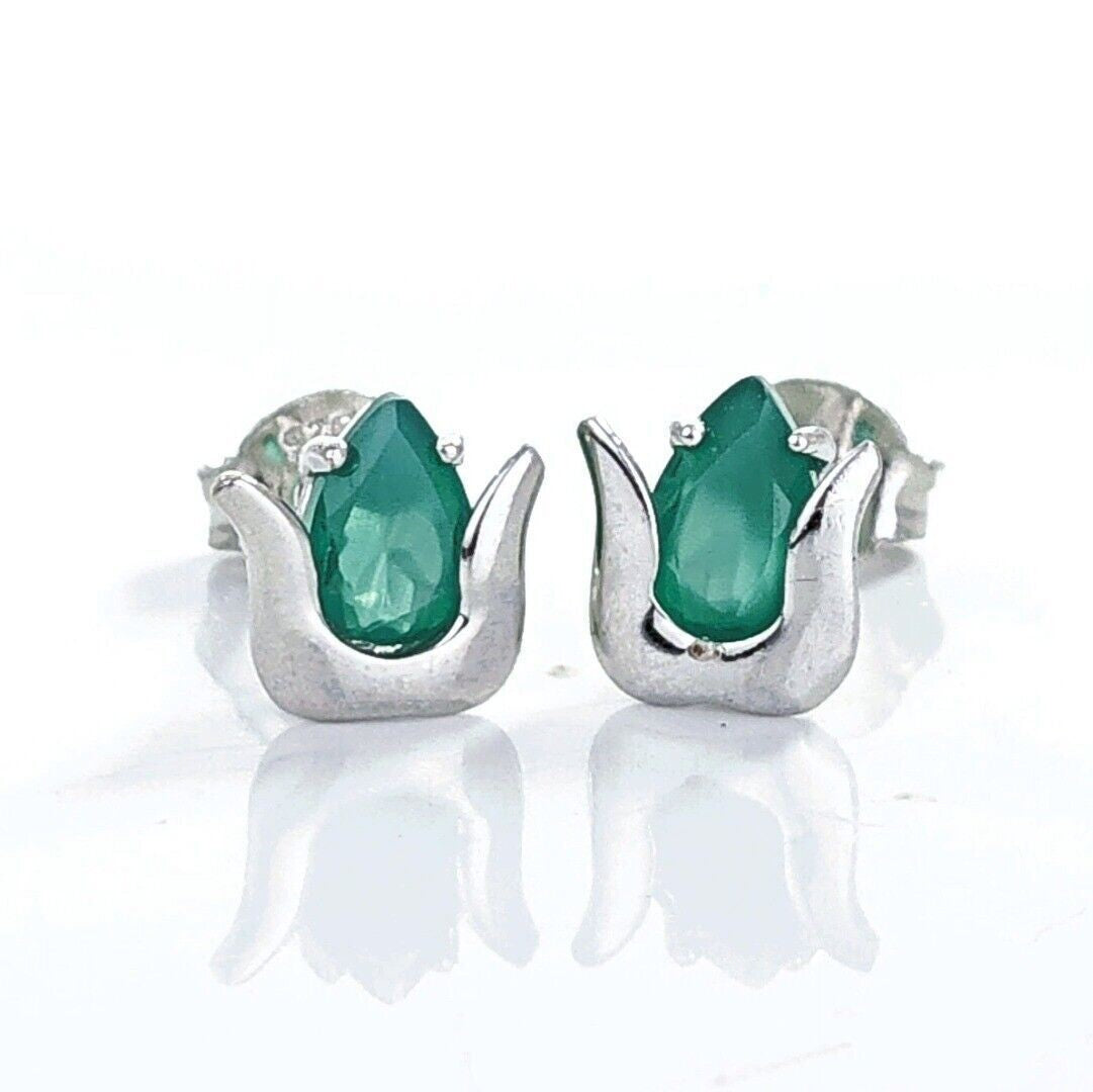 Green Onyx Tulip Flower Earrings in Sterling Silver