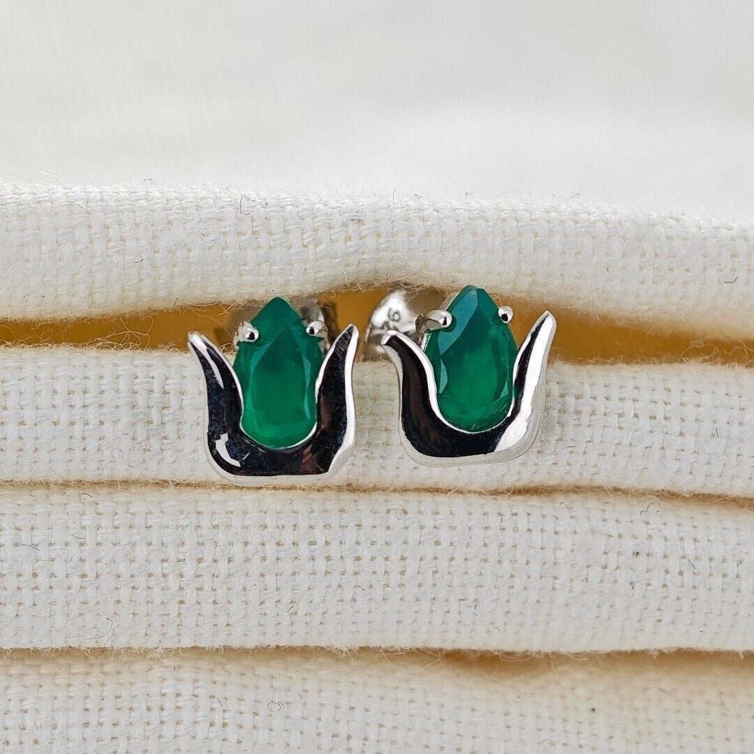 Green Onyx Tulip Flower Earrings in Sterling Silver