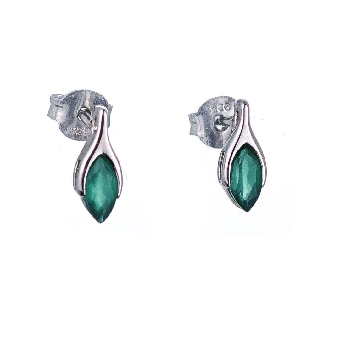 Onyx Green Earrings Sterling Silver Studs Minimalist Marquise