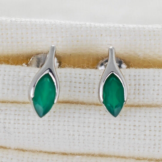Onyx Green Earrings Sterling Silver Studs Minimalist Marquise