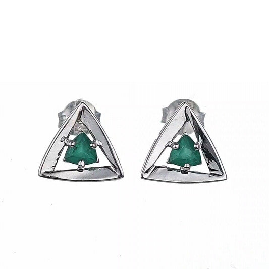 Onyx Green Earrings Sterling Silver Studs Trillion