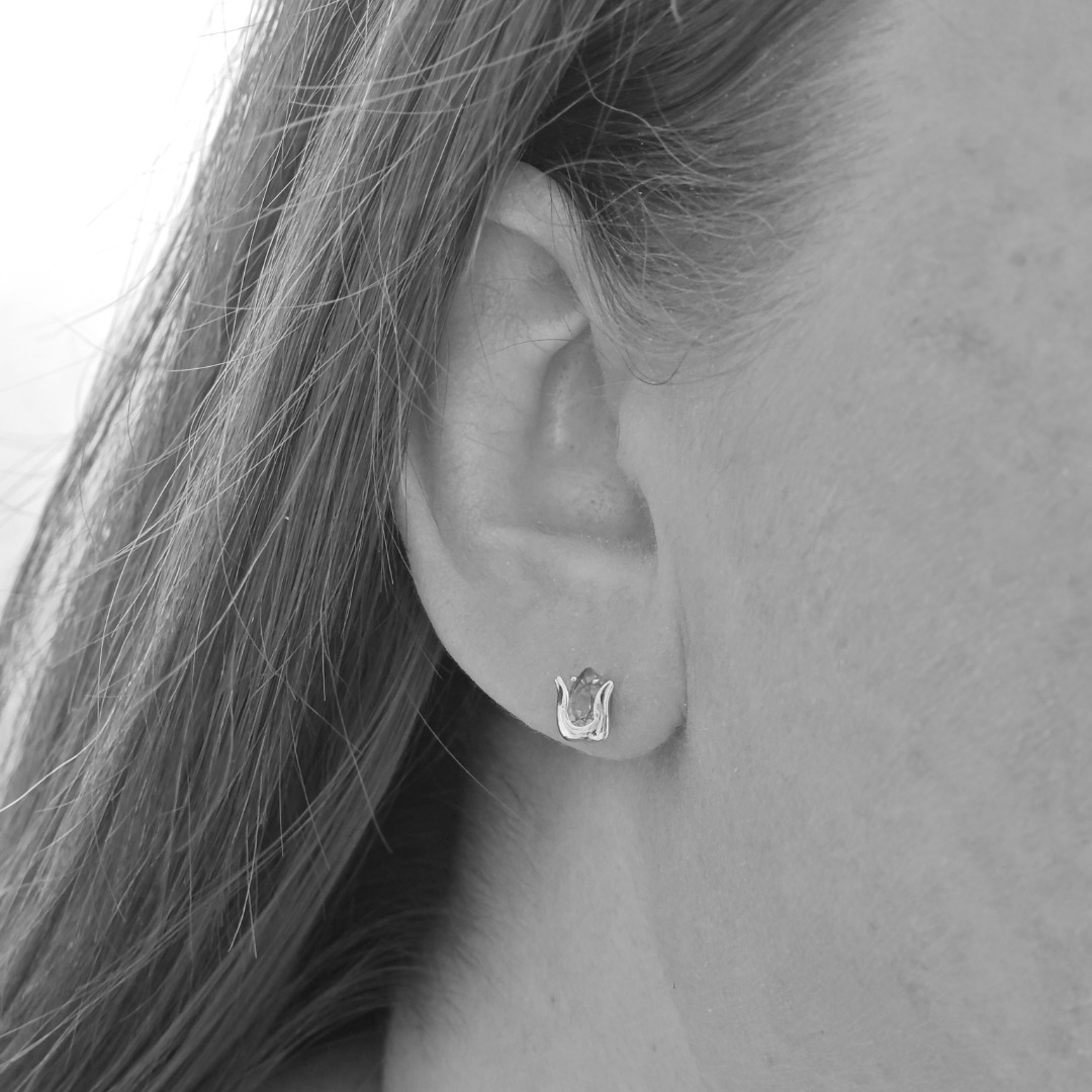 Aquamarine Earrings Sterling Silver Studs Tulip Flower
