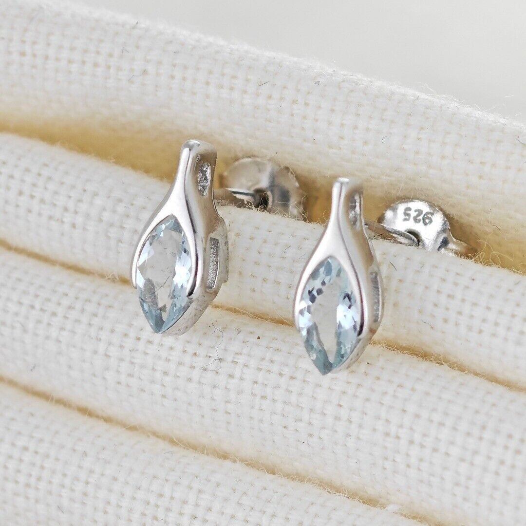 Aquamarine Minimalist Marquise Earrings in Sterling Silver