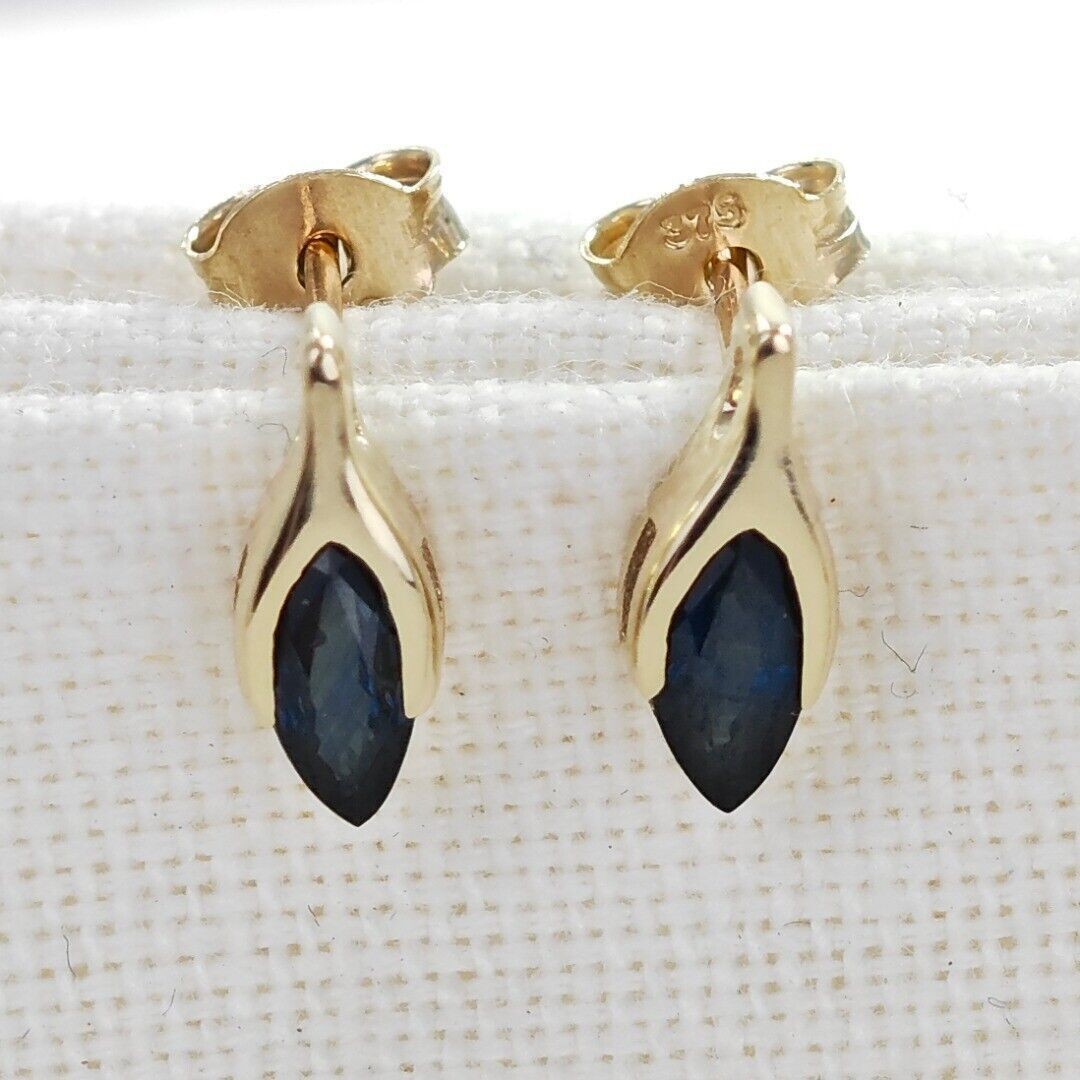 Blue Sapphire Earrings 9ct Yellow Gold Studs Minimalist Marquise