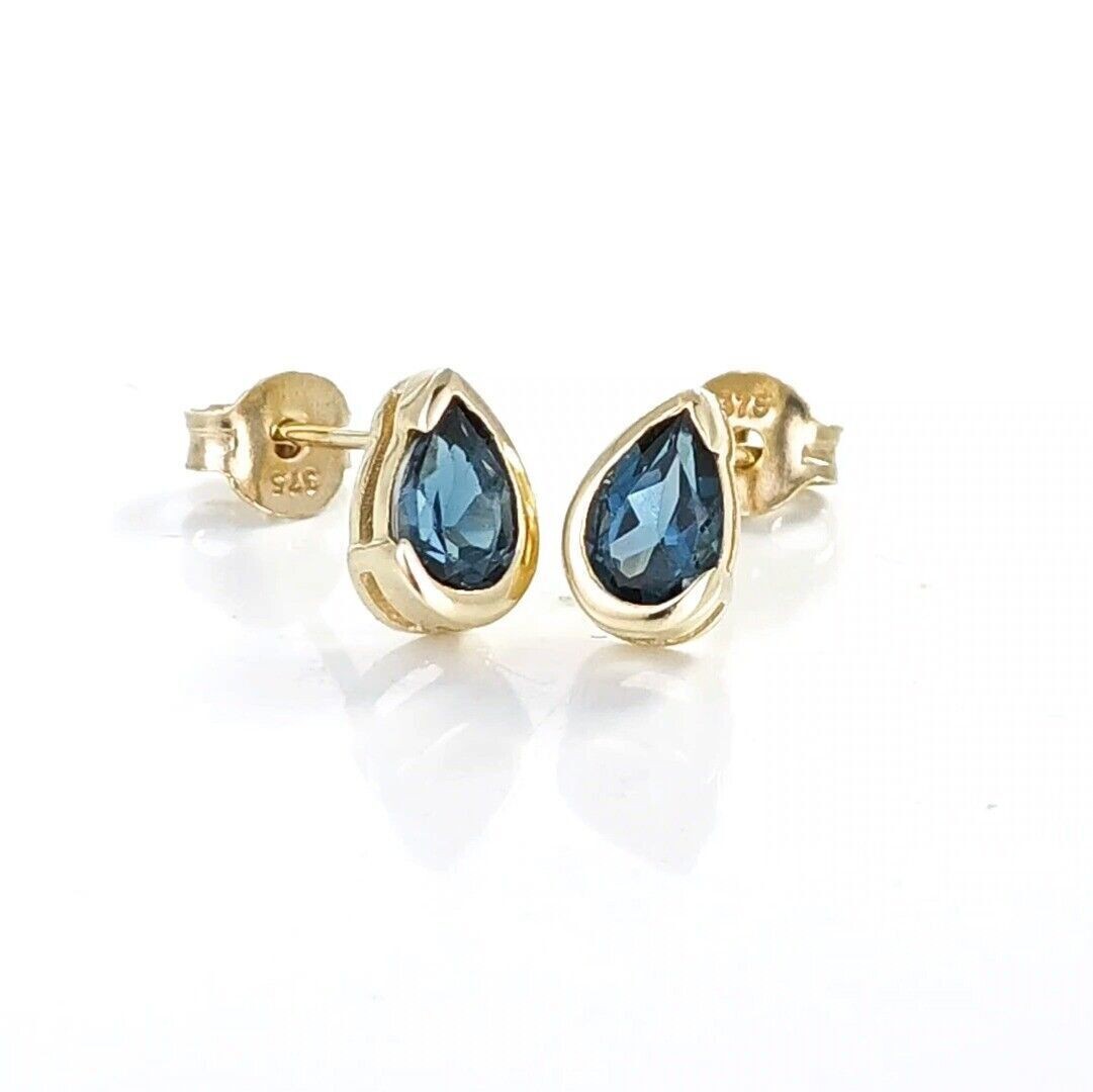 9ct Yellow Gold Earrings  London Blue Treated Topaz Studs Handmade