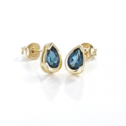 9ct Yellow Gold Earrings  London Blue Treated Topaz Studs Handmade