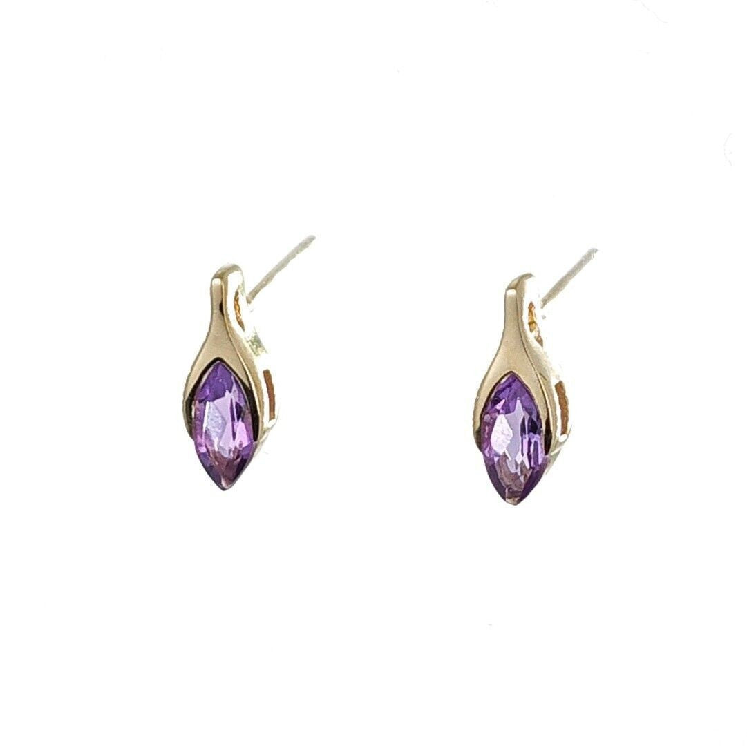 9ct amethyst earrings yellow gold studs minimalist marquise handmade uk design designed in the UK
