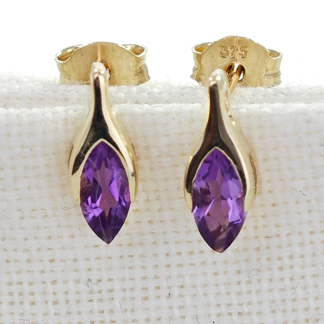 9ct Amethyst Earrings Yellow Gold Studs Minimalist Marquise Handmade UK Design