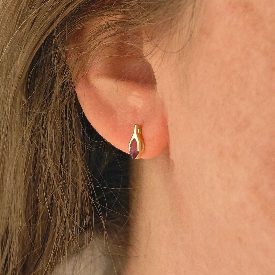 9ct Amethyst Earrings Yellow Gold Studs Minimalist Marquise Handmade UK Design