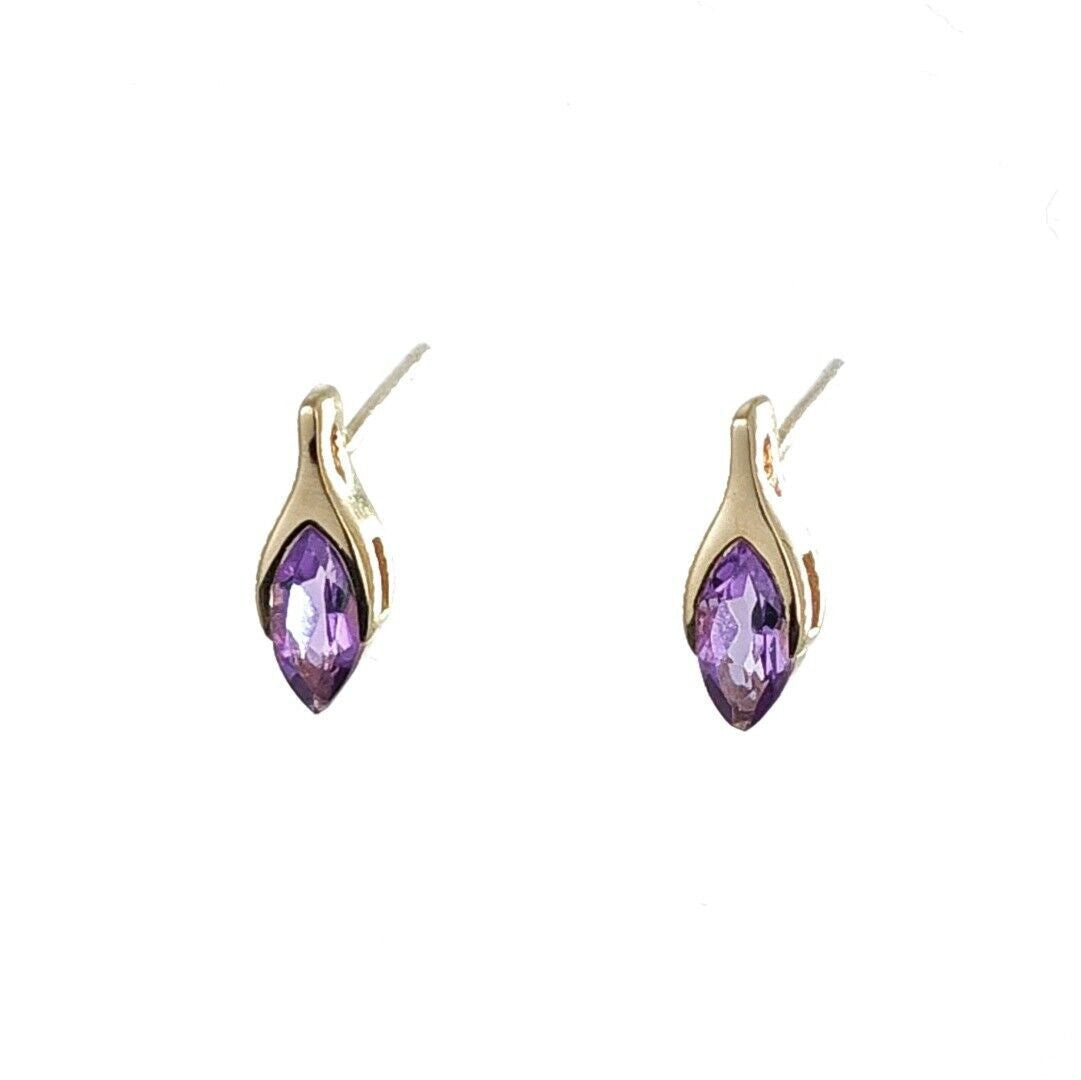 9ct Amethyst Earrings Yellow Gold Studs Minimalist Marquise Handmade UK Design