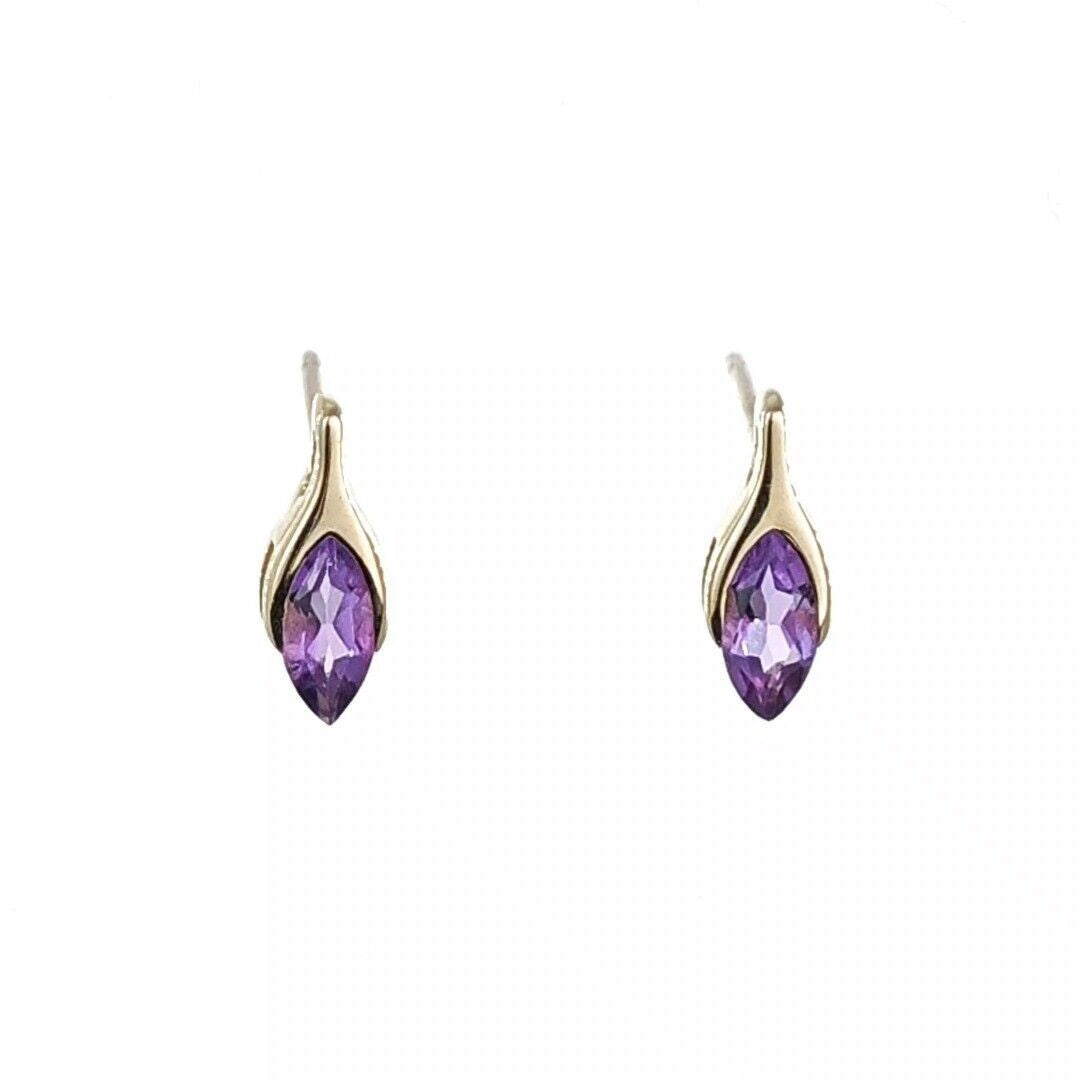 9ct Amethyst Earrings Yellow Gold Studs Minimalist Marquise Handmade UK Design